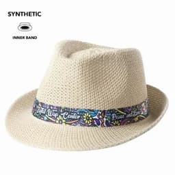 A beige straw hat featuring a patterned band with vibrant colours and a logo.