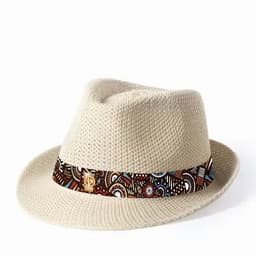 A straw fedora hat in cream with a patterned band featuring earthy tones and abstract designs, including a logo.