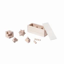 A wooden puzzle set featuring geometric shapes and a storage box, with natural wood and cream-coloured pieces.