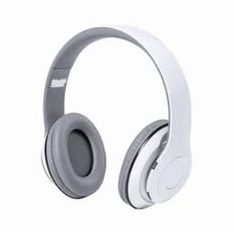 Wireless headphones in white and grey, featuring soft ear cushions and an adjustable headband. Includes branding on the side.