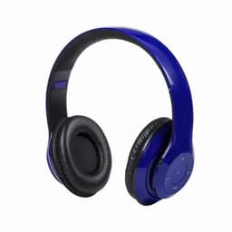 A pair of blue headphones with black ear cushions and a sleek design, featuring a logo on the side.