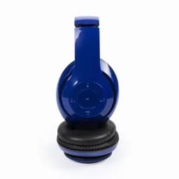 A pair of blue headphones with black ear cushions, featuring a sleek, glossy design and a circular control panel.