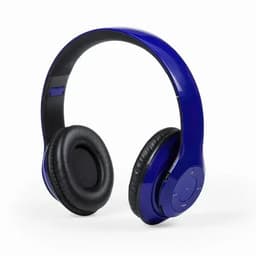 A pair of blue headphones with black ear pads and a smooth design, featuring a control panel on one side.