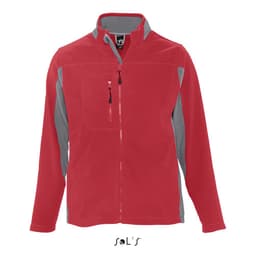 A red and grey men's zippered polar fleece top featuring a front pocket and a logo.