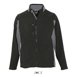 A zippered men's polar fleece top in black and grey with a logo, featuring a chest pocket and stand collar.