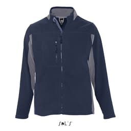 A men's zippered polar fleece top in navy and grey, featuring a zippered pocket and a logo on the chest.