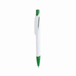 A pen with a white body and a green tip and clip, featuring a logo on the barrel.