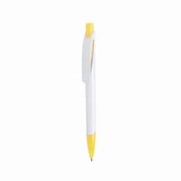 A pen with a white body and yellow accents, featuring a clip and a branding logo.
