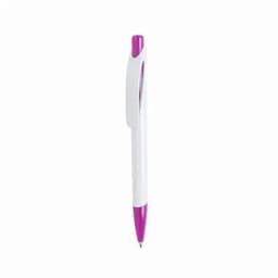 A ballpoint pen with a white barrel and a pink tip and clip, featuring a branding design.