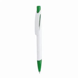 A ballpoint pen with a white barrel and green tip, featuring a clip and branding on the side.