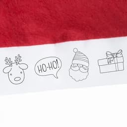 A festive red and white fabric featuring festive illustrations including a reindeer, Santa, and a gift box.