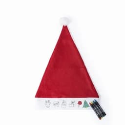 A red Christmas hat with a white band featuring drawings and coloured markers for personalisation.