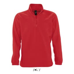 A red men's polar fleece top with a 1/4 zip, featuring long sleeves and a branded label.