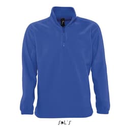 A polar fleece top in blue featuring a 1/4 zip design. It has long sleeves and a branding logo.