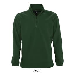 A men's dark green polar fleece top with a 1/4 zip and long sleeves, featuring a logo on the collar.