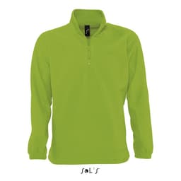 A bright green men's polar fleece top with a 1/4 zip, featuring long sleeves and a logo.
