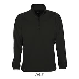 A men's black polar fleece top featuring a 1/4 zip and long sleeves, with a logo at the bottom.