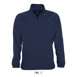 A navy blue polar fleece top featuring a 1/4 zip and an elasticated hem. It has a logo on the collar.