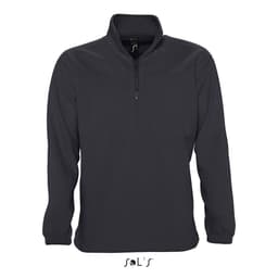 A dark grey men's 1/4 zip polar fleece top with long sleeves and a logo at the bottom.