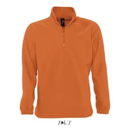 An orange men's polar fleece top featuring a 1/4 zip and long sleeves, with a logo at the bottom.