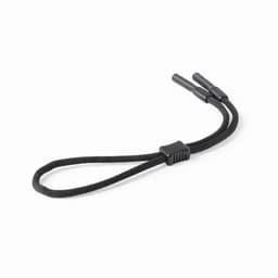 A black elastic cord with two ends and a central adjuster, designed for securing or fastening items.