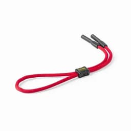 A red bungee cord with two black end hooks and a central black connector. It has a simple design for securing items.