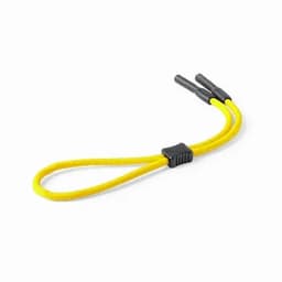 A yellow elastic bungee cord with black ends and a central connector.