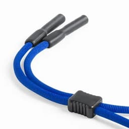 A blue elastic cord with two black ends and a black connector in the middle.