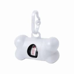 A white bone-shaped dispenser with a clip, containing a roll of waste bags inside.