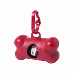 A red dog waste bag dispenser shaped like a bone, featuring a keychain clip and a roll of bags inside.