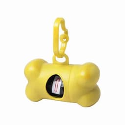A yellow bone-shaped pet waste bag dispenser with a clip for attachment. It has a visible opening for the bags inside.