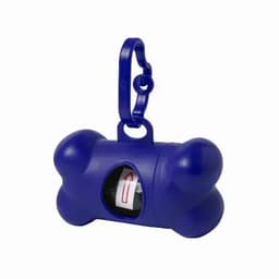 A blue dog waste bag dispenser in a bone shape, featuring a clip for attachment and a window for bag access.