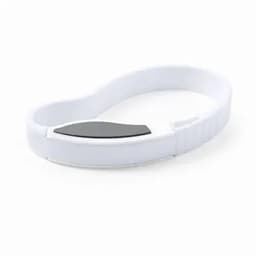 A white fitness tracker band with a sleek black section, featuring a logo on the strap.