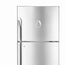 A refrigerator with a sleek, stainless steel finish and a simple logo on the front.