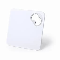A white square drink bottle with a bottle opener feature and a logo on one side.