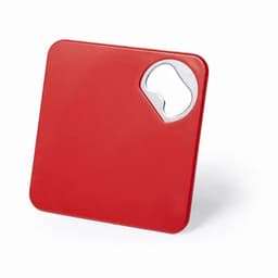 A red square bottle opener with a silver metal lever and a minimalist design. Features a logo.