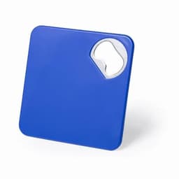 A blue drink bottle with a square shape and a metal opening. It features a logo on the surface.
