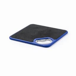 A square, blue mouse pad with a textured black surface and a thumb hole. It features a simple design.