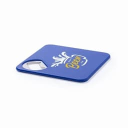 A blue coasters with a bottle opener and a logo design featuring beer splashes.