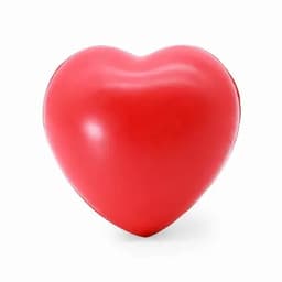 A red heart-shaped object with a smooth surface, featuring a glossy finish. It includes a logo.