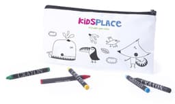 A pencil case in white with black doodles, accompanied by four colourful crayons in green, yellow, red, and black.