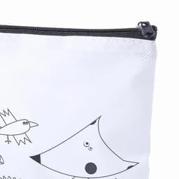 A white zip pouch featuring playful black line drawings of birds and geometric shapes. It has a black zipper.