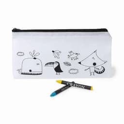 A pencil case in white with black illustrations of animals and two colourful crayons beside it.