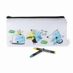A white pencil case featuring colourful animal graphics, accompanied by two crayons in black and yellow.