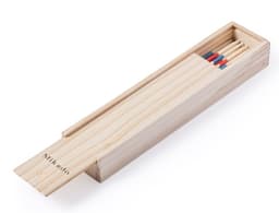 A wooden box containing Mikado sticks in natural wood with red and blue accents. The box also features a logo.