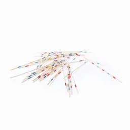 A collection of Mikado sticks in a mix of white, red, and blue, scattered on a white background.