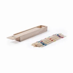 A wooden box containing Mikado sticks in natural wood with coloured markings in red and blue.