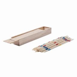 A wooden box containing colourful wooden sticks, arranged beside the box. The sticks are a mix of natural and painted colours.
