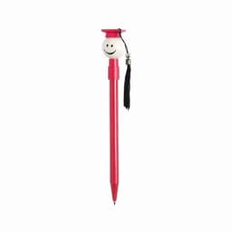 A red pen featuring a smiling cap-and-gown figurine on top, complete with a tassel and branding logo.