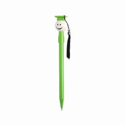A green pen with a smiling face and graduation cap on top, featuring a black tassel and a silver charm.